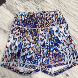 Fleo Multicolor Feather-Print Athletic Shorts in Blue, Purple, Yellow